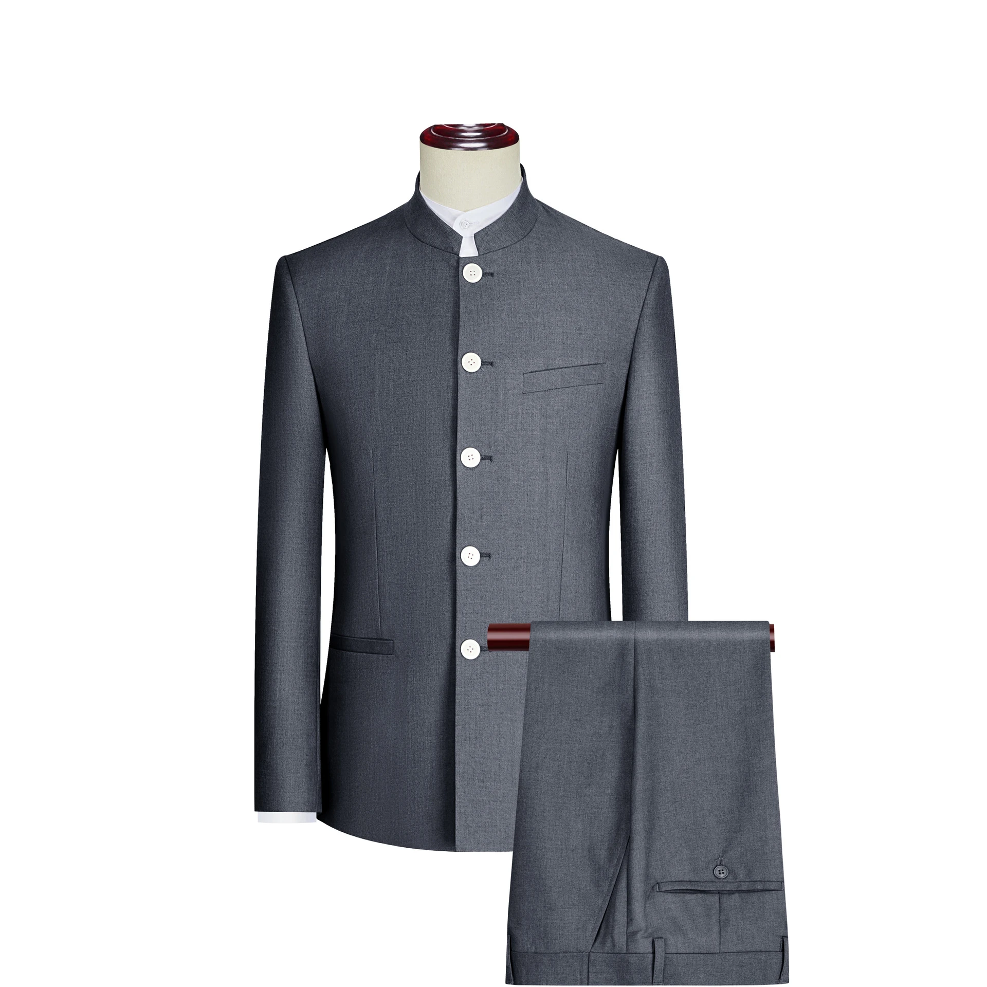 White Buttons Stand-up Collar Suit Two-piece Men\'s (Blazer Jacket + Pants) Chinese Style Men Zhongshan Suits Blue Gray Black 4XL