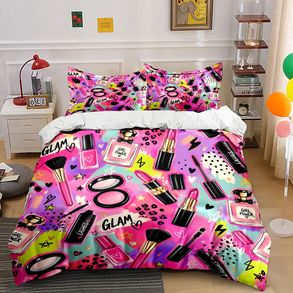 Glamorous makeup and playful doodles Duvet Cover Set with 3D Printing Design Soft Polyester Bedding Set All-Season Comfort