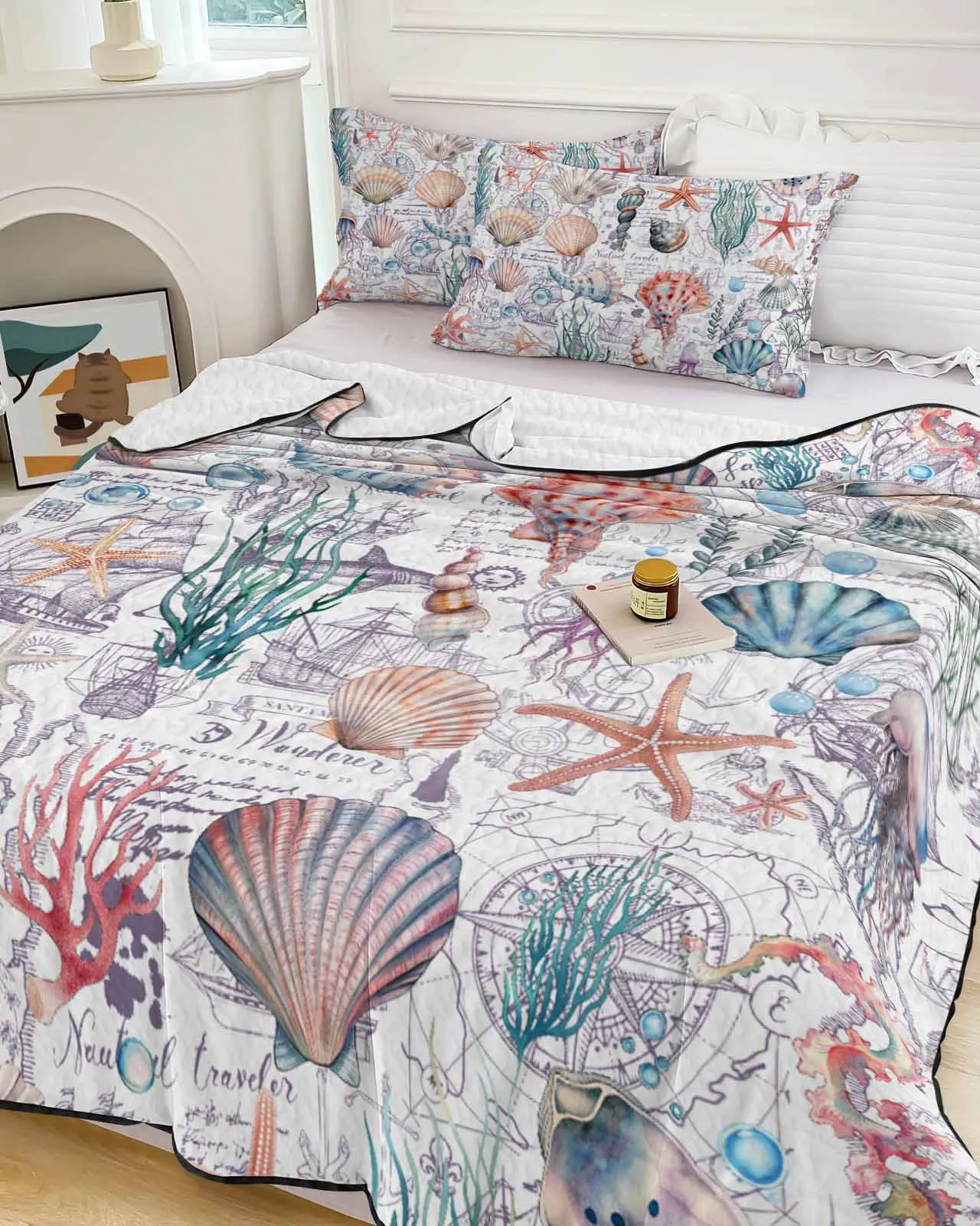 

Summer Watercolor Ocean Navigation Starfish Seaweed Summer Cooling Quilt Air Condition Blanket Lightweight Thin Quilt