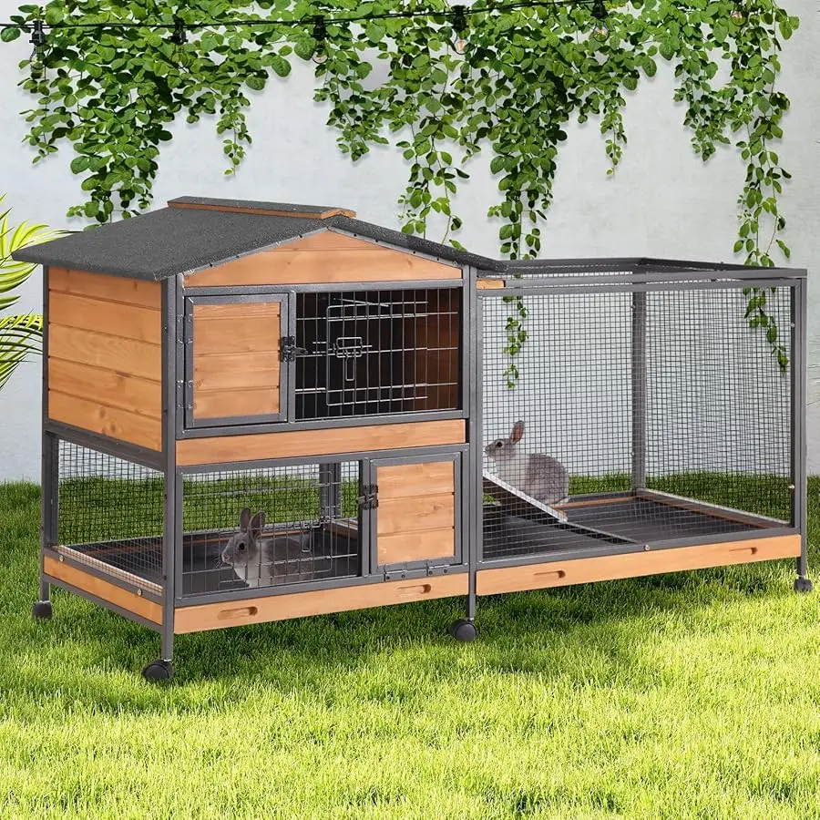 

2-Story Rabbit Hutch with Chew-Proof Full Metal Frame for Indoor/Outdoor - 62" Bunny Cage with 6 Locking Casters & 2 Pull-Out Tr