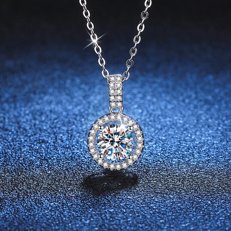 s925 Sterling silver Moissanite Necklace Micro-studded with diamond round bag pendant clavicle chain Women's D color 1 carat Moi