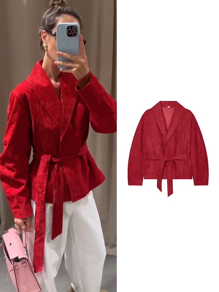 TFMLN Women V Neck Faux Suede Jacket Self Tie Waist Belt Loose Long Sleeve Retro Cropped Casual Outer Coat 2026 Autumn New