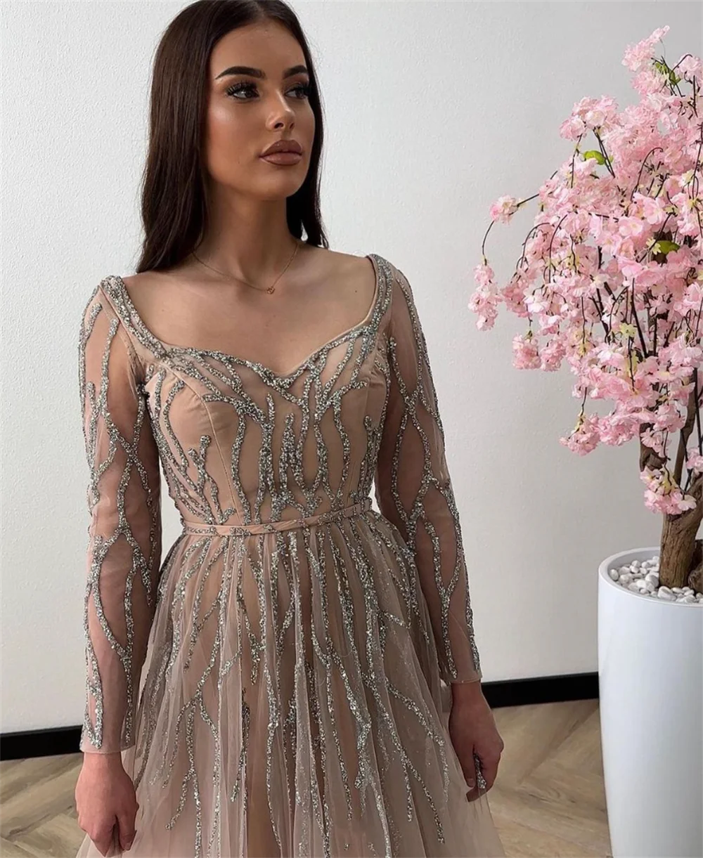 Jessica champanhe vestido de casamento lantejoulas mangas compridas árabe senhoras vestidos de baile tule elegante sob medida vestidos de ocasião personalizados