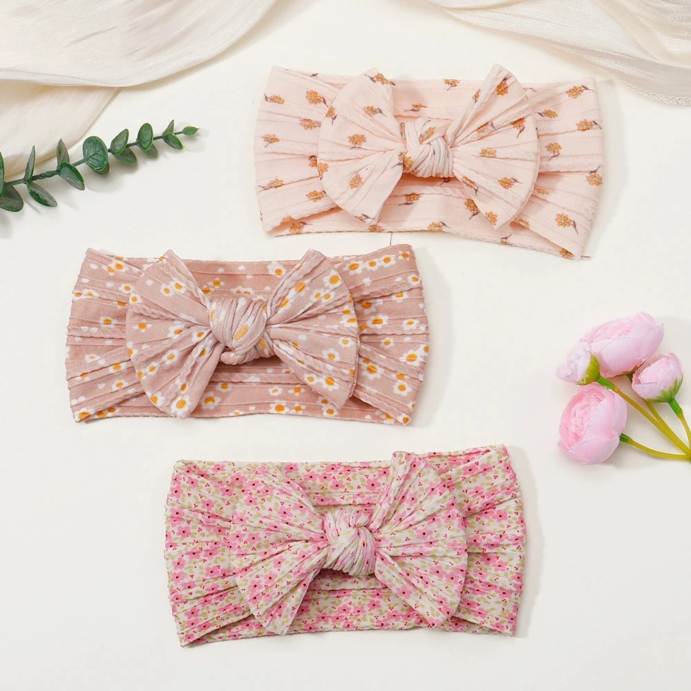 3Pcs/Set Floral Printed Nylon Cable Headband Set for Newborn Hair Accessories Soft Nylon Bowknot Headwraps Baby Girls Headwear