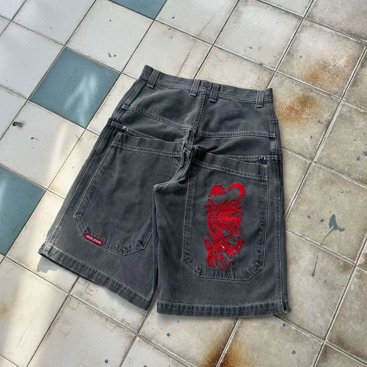 JNCO-Red Dragon Pattern Baggy Denim Shorts para homens e mulheres, moletom Y2K, streetwear Hip Hop, shorts de basquete vintage, Harajuku