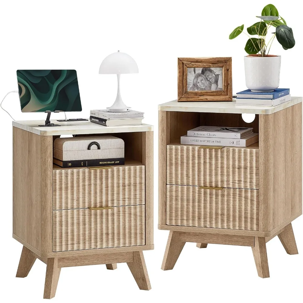

Fluted Nightstand Set of 2 with Charging Station, 18" Modern Side Table with Faux Marble Top, 2 Drawer End Table w/Storage, Bed