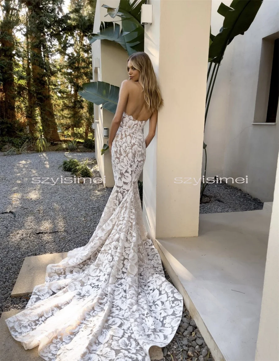 High QuanlitySweetheart Full Lace Applique Born Bodce Mermaid Wedding Dresses Backless Sweep Train Custom Made Bridal Grown Rode