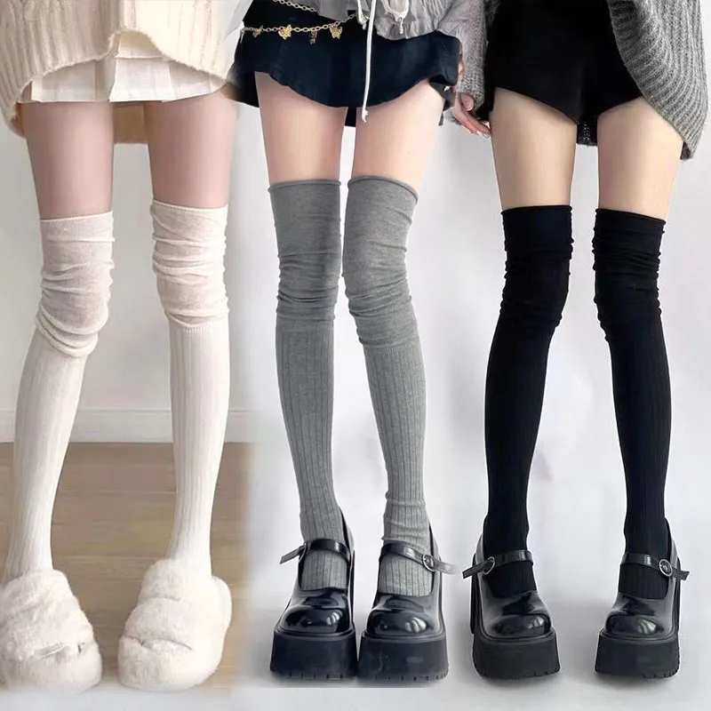 

1pair Boot Socks Autumn/Winter Solid Color Thigh High Lace Cute Lolita Warm Stockings Sexy Black White Long Leg Socks for Women