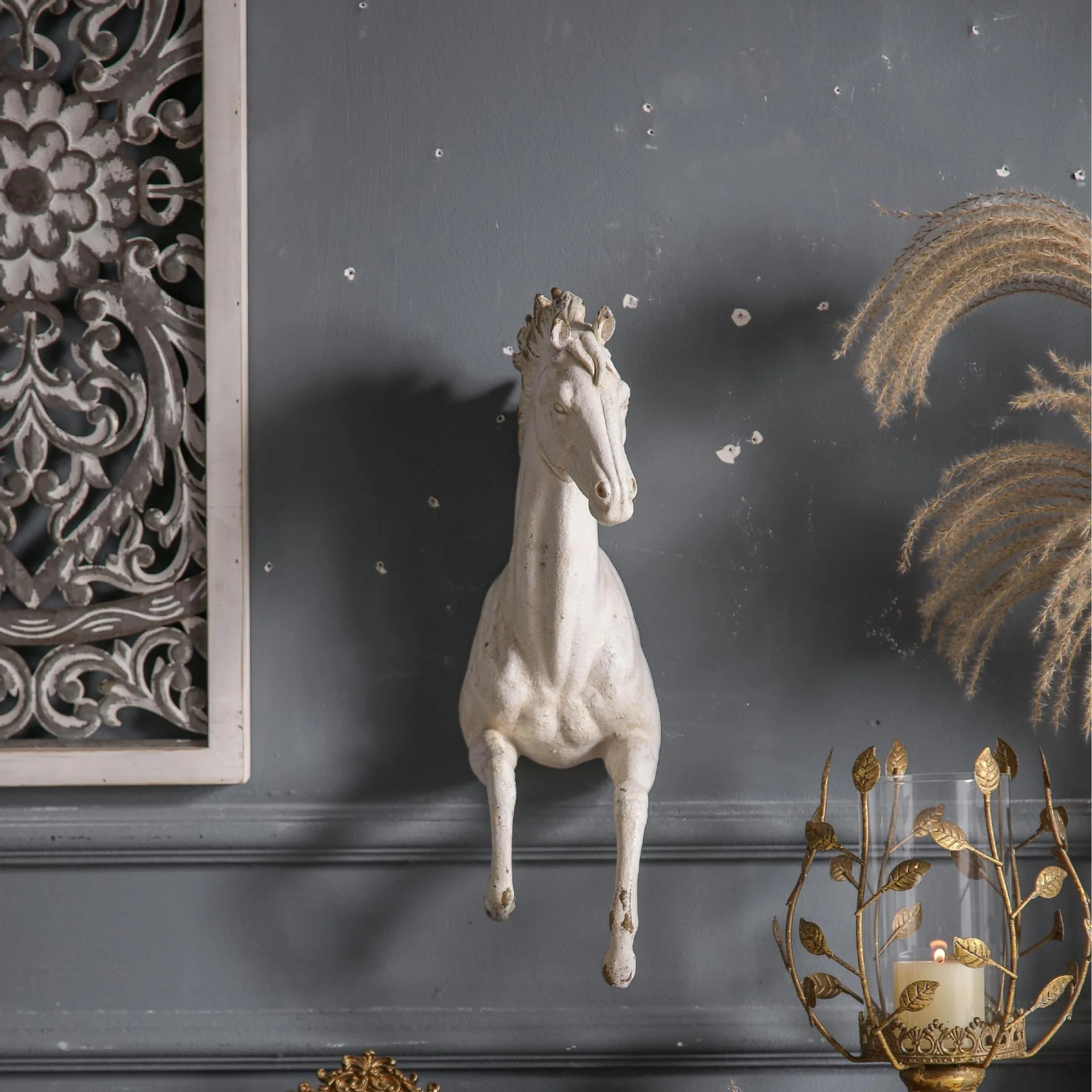 Galloping Horse Wall Sculpture, 3D Horse Head Bust, Vintage White Wall Mounted Statue, European Style Home Decor