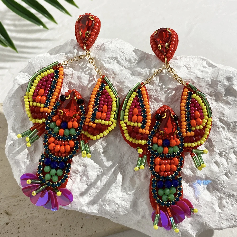 Bohemia Handmade Beaded  Shell Turtle Lobster Beach Drop Earrings For Women New Summer Colorful Starfish Pearl Wooden Earring
