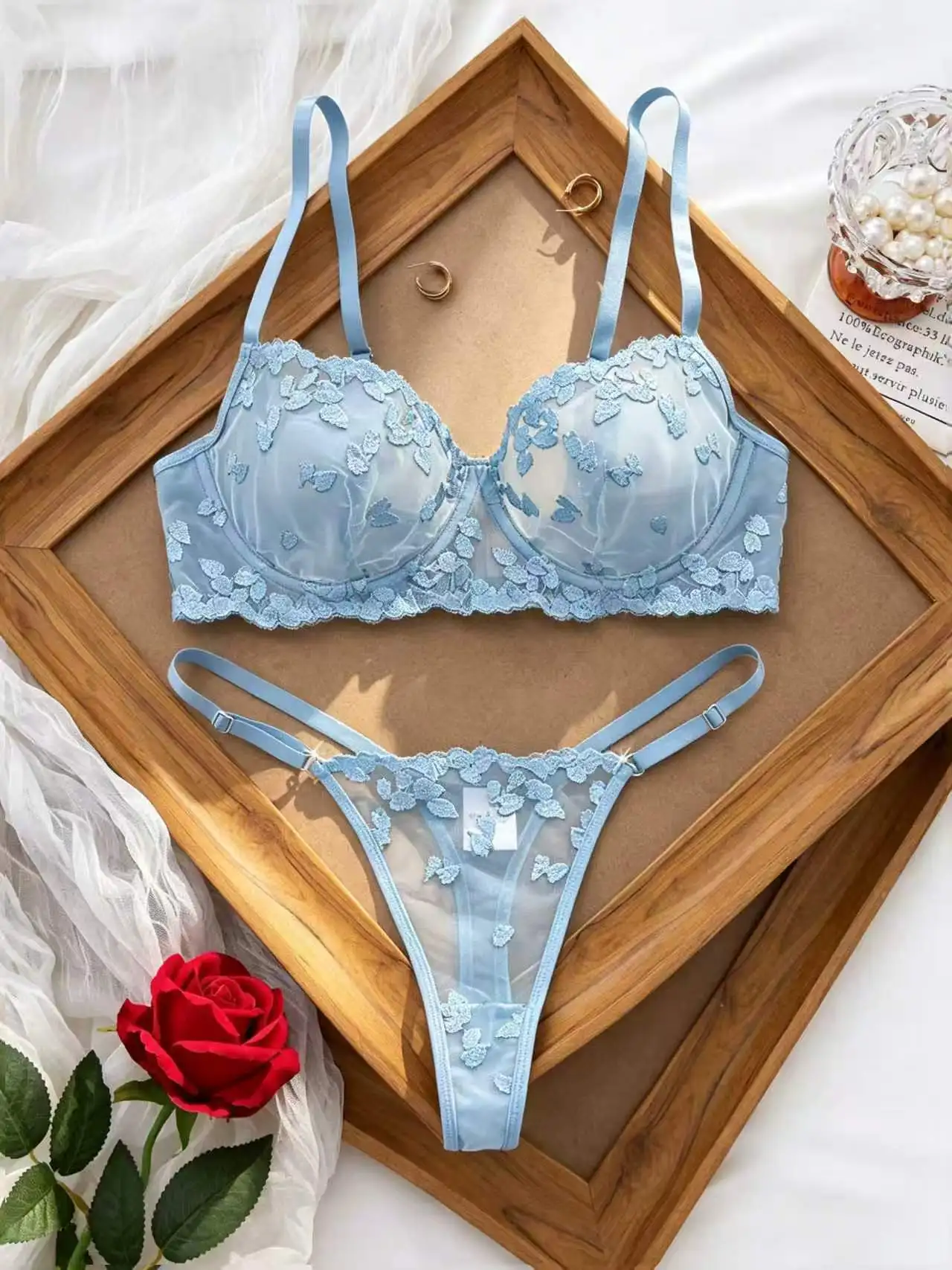Soft two-piece lingerie shown from another angle with delicate transparent mesh