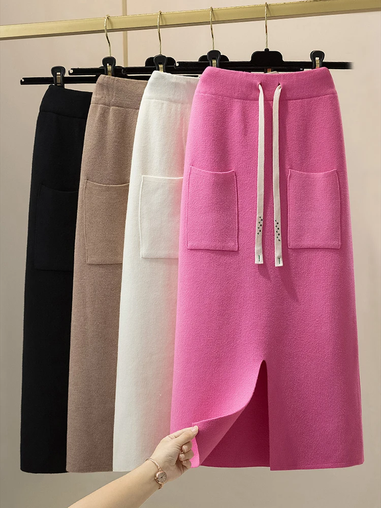 

Autumn Winter Knitted Skirt Women Loose Double Pocket A-Line Knitted One-Step Mid-calf Dress Fashion Elegant Split Skirt