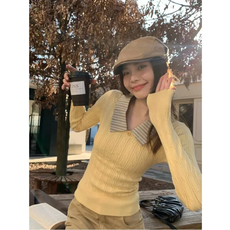 

Streetwear Sweater Women Fashion Striped Patchwork Knitted Pullovers Korean Long Sleeve Knitwears Winter Slim Design Jumpers New