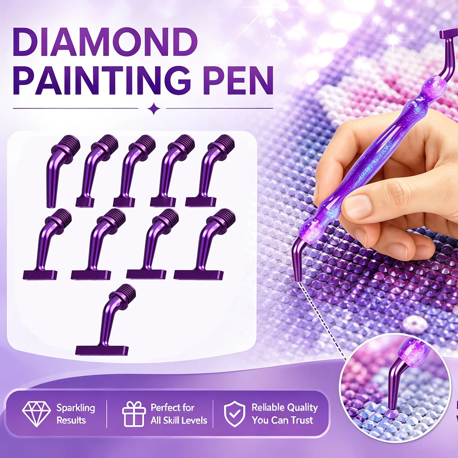 10-Pack, 1-10 Styles Of Purple Metal Curved Threaded Pen Tips, 5d Diamond Painting Tool Set, Diy Diamond Painting Tools.