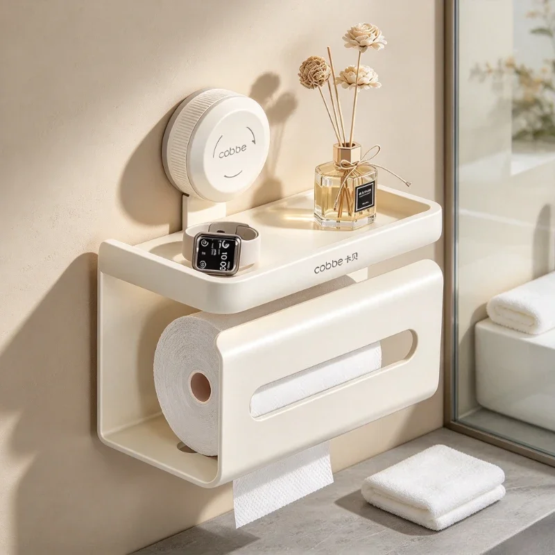Suction Cup Bathroom Storage Shelf with Toilet Paper Holder, Space Aluminum Wall Organizer No Drill, Waterproof Rust Resistant