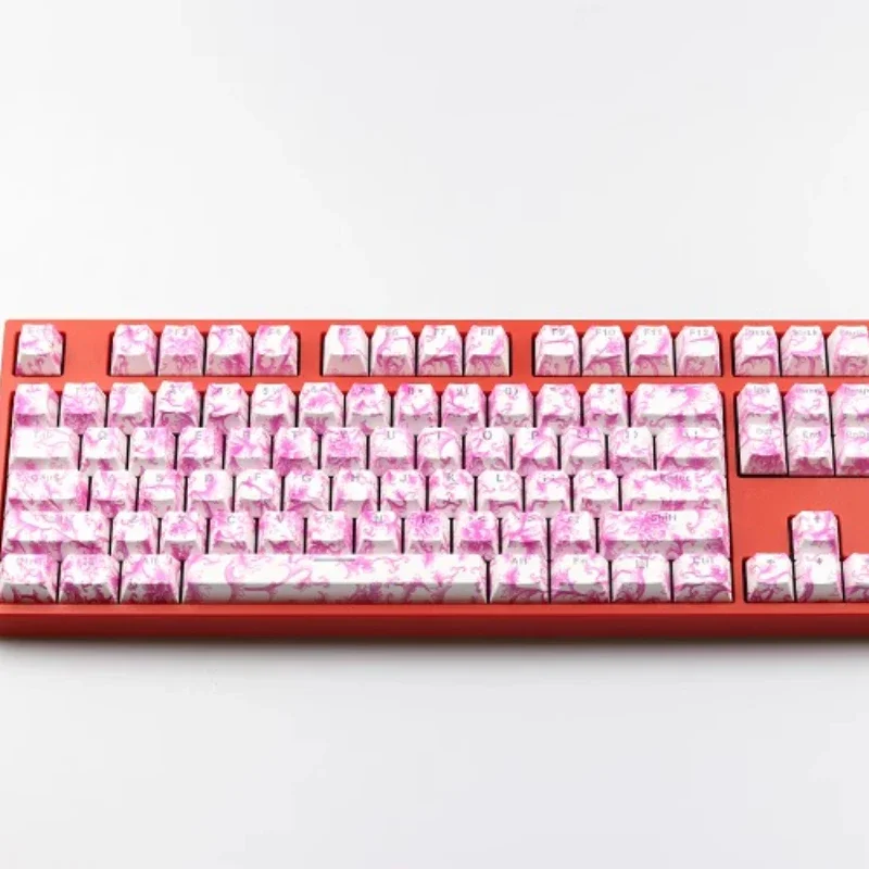 Pink Blue and White Porcelain Keycaps Custom PBT Oem Pink Color Cute Cartoon Anime Point Key Cap for Gaming Mechanical Keyboard