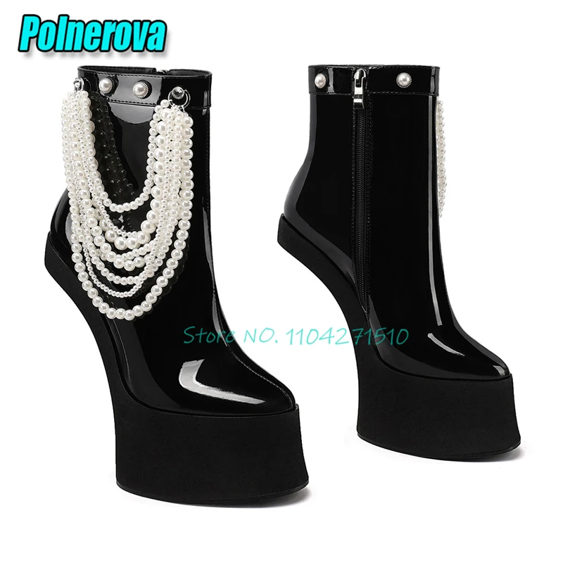 Black Patent Leather Heerless Short Boots Pearl Chain Chunky Platform Strange Heel Ankle Boots Fashion Women Party Runway Shoes