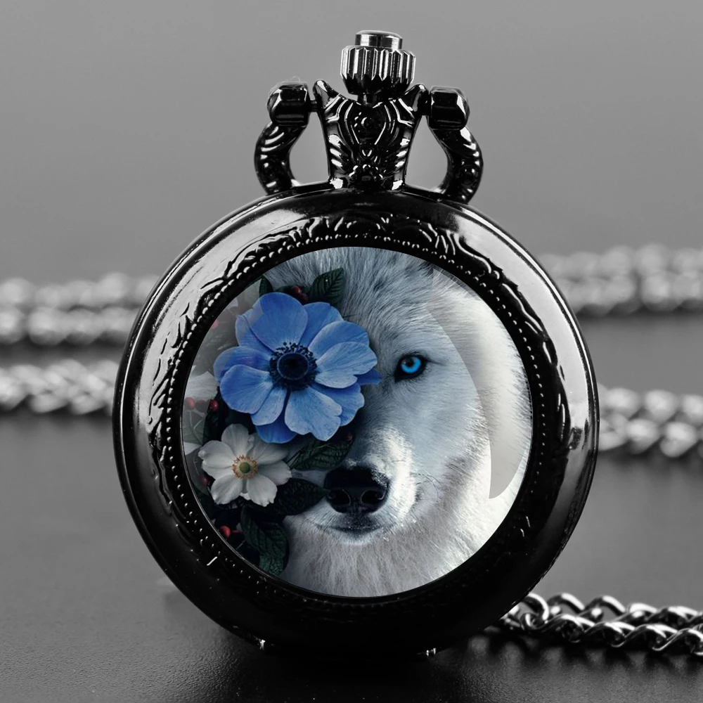 

Wolf with a flower in one eye Design Quartz Pocket Watches for Women Men Watch Unique Pendant Clock Necklace Kids Jewelry Gift