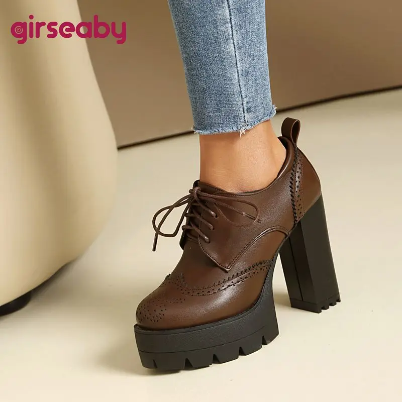 

Girseaby Retro Women Pumps Round Toe 11cm Block Heels High 3.5cm Platform Lace Up Punk Styly Daily Shoes Big Size 43 44 45 46