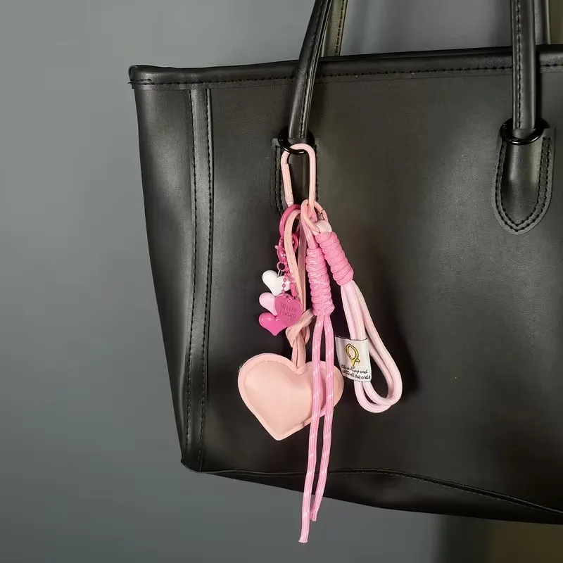 Cute PU Heart Leather Rope Keychain Handmade Braided Rope Car Keyrings Ins Y2K Love Rope Bag Charm Children