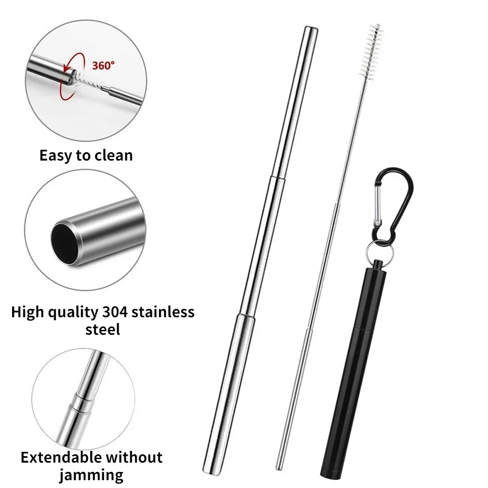 Reusable 304 Stainless Steel Telescopic Straw Three Sections with Aluminum Alloy Storage Tube Foldable Metal Beverage Straw