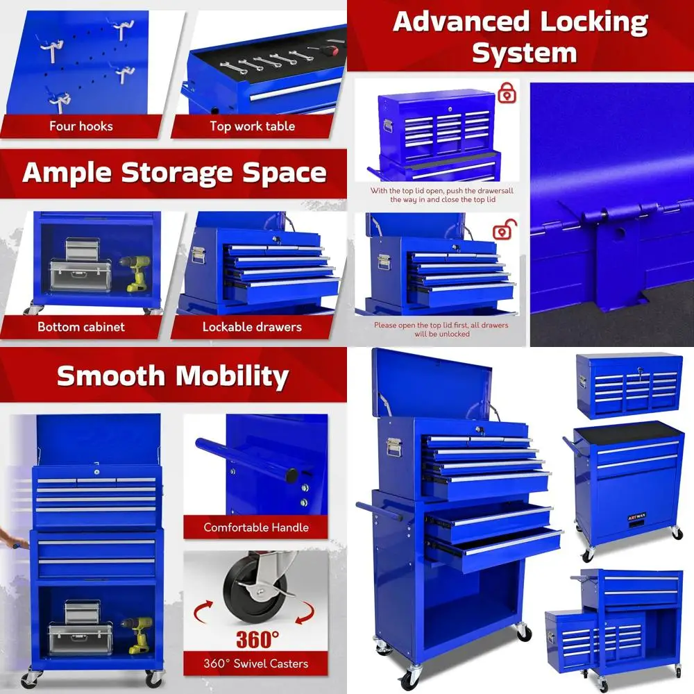 

Мобильный инструментальный шкаф на 8 ящиков с замком, передвижной органайзер для мастерской на колесах, синий