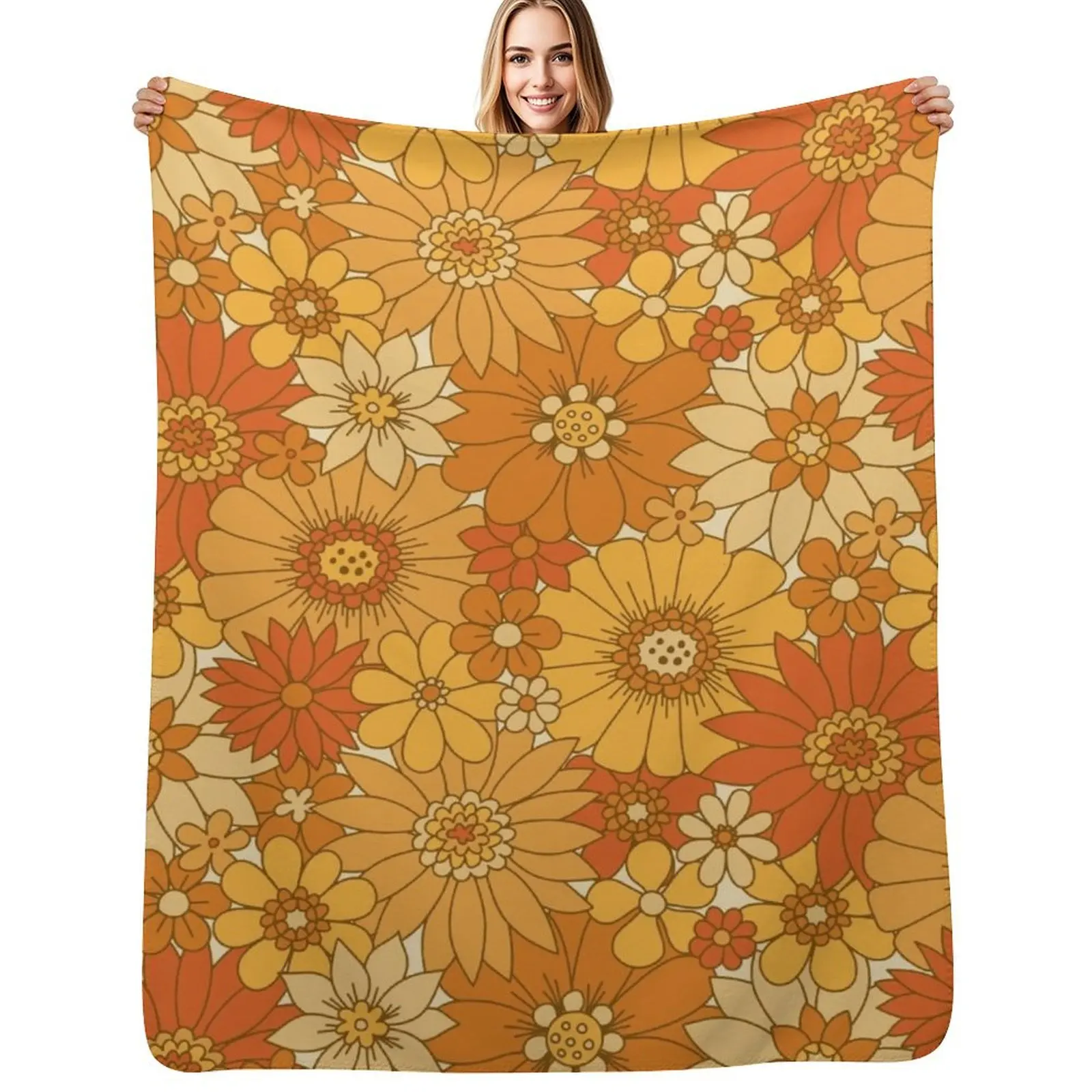 70s Retro Daisy Floral - Harvest Throw Blanket Machine Washable Soft Warm Blanket