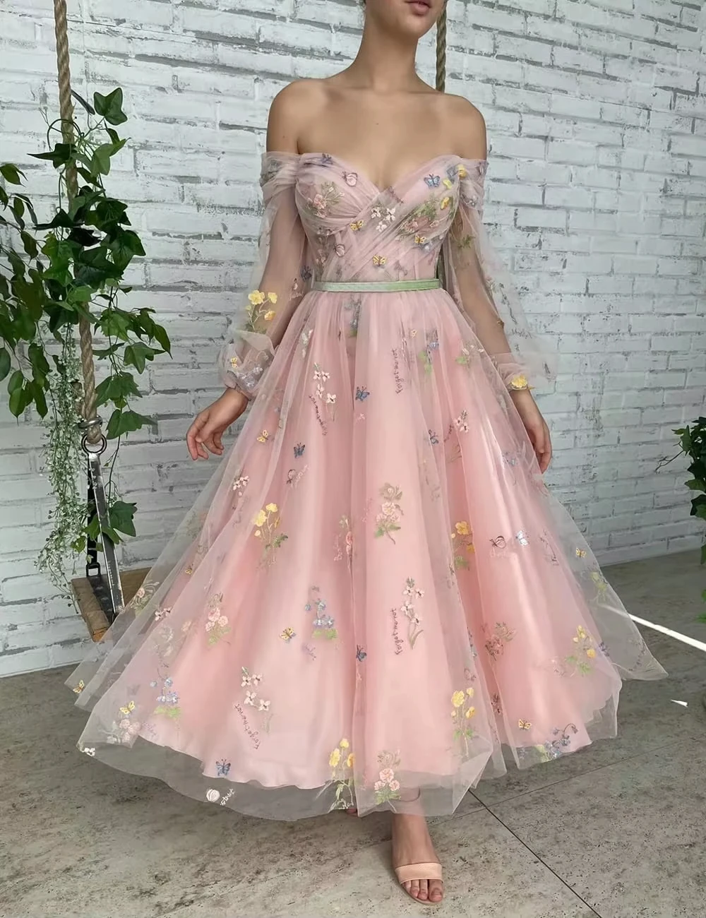 Vestidos de fiesta de tul con bordado de flores y hombros descubiertos, vestidos formales de hadas con mangas abullonadas, vestido de fiesta de noche hasta el té para mujer