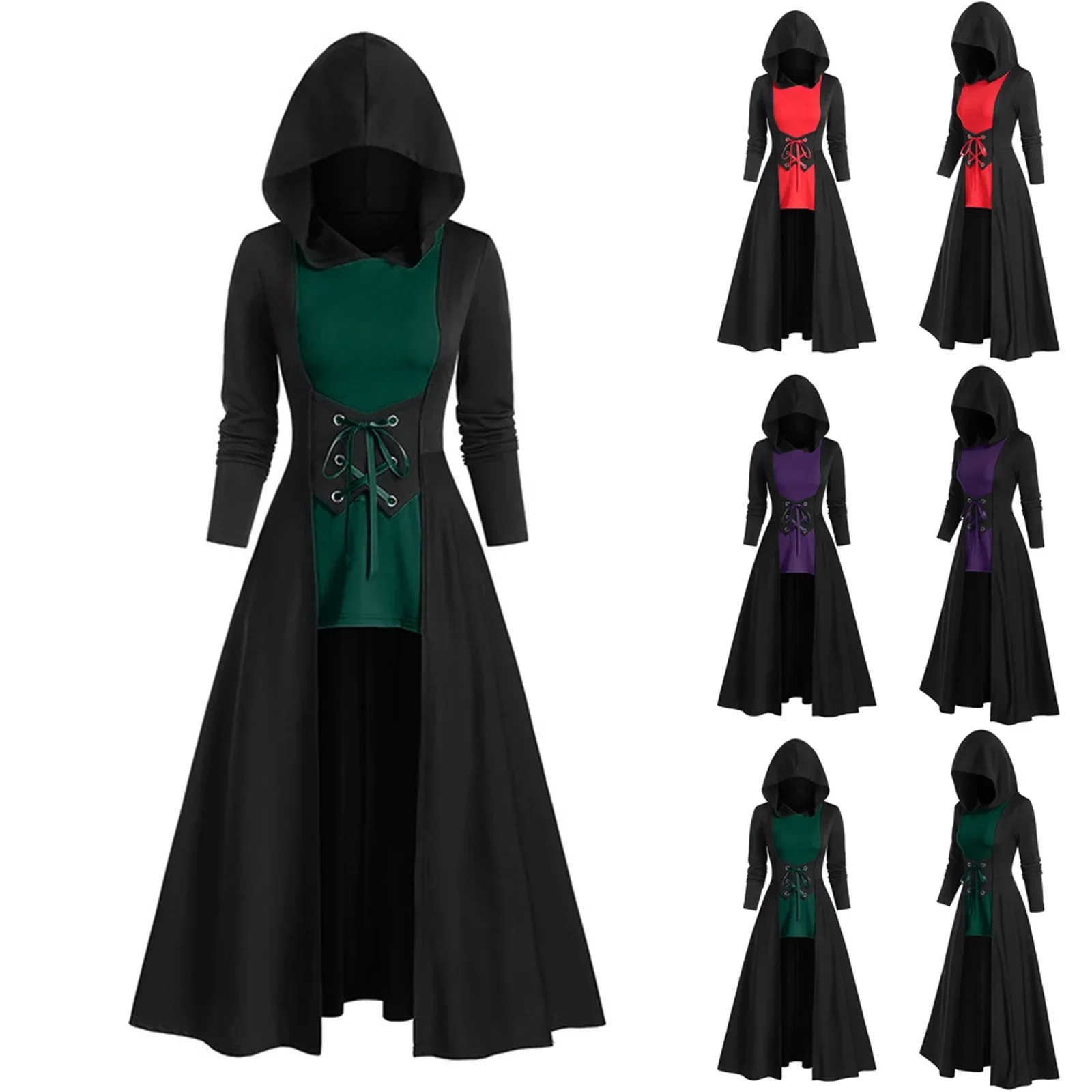 Medieval Costume Vintage Dress Lace-up Hooded Robe Cloak Knight Gothic Wizard Vampire Cosplay Halloween Carnival Dress Up Party