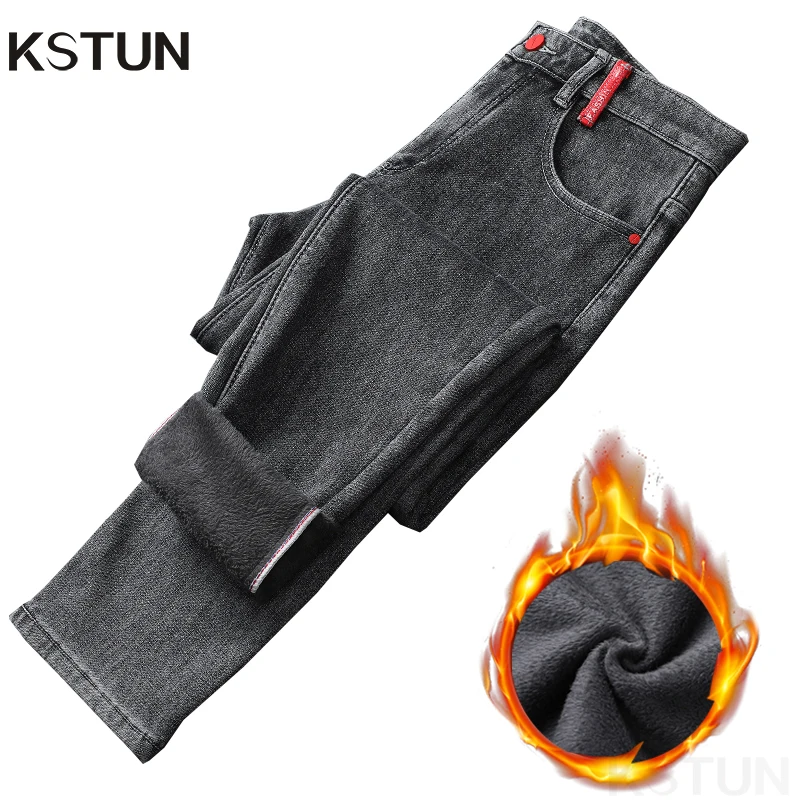 

2024 Winter Warm Jeans For Men Thicken Jeans With Fleece Stretch Slim Skinny Denim Pants Gray Boys Trousers Mens Clothing Cowboy
