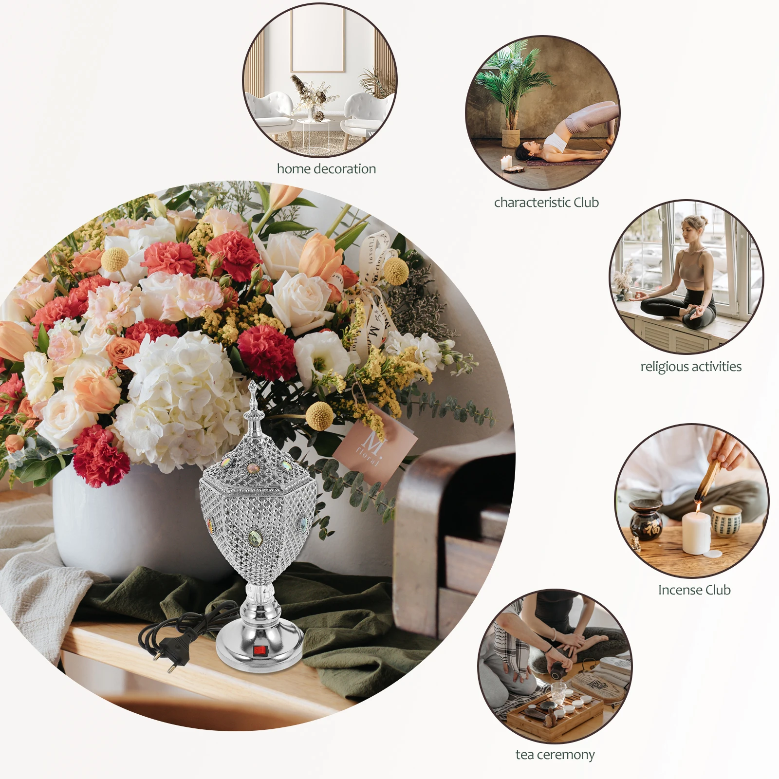 

Electric Incense Burner Metal Plug in Desktop Censer Holder Aromatherapy Relaxation Air Purifier Home Decor Eu Plug