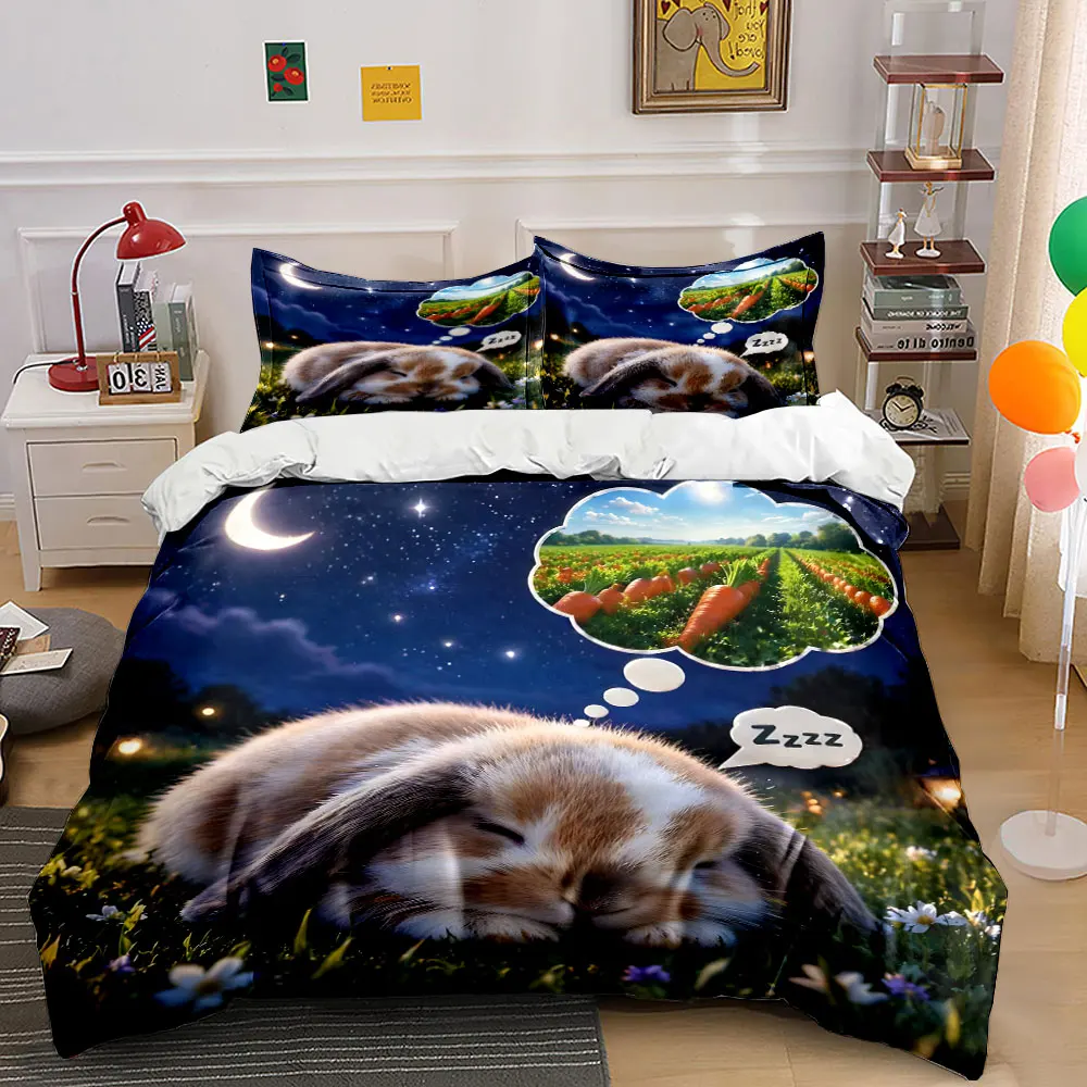 Rabbit dreaming of carrot field Bedding Set for Kids Luxury Gift 3pcs Digital Print Comforter Set Soft Comfortable Breathable