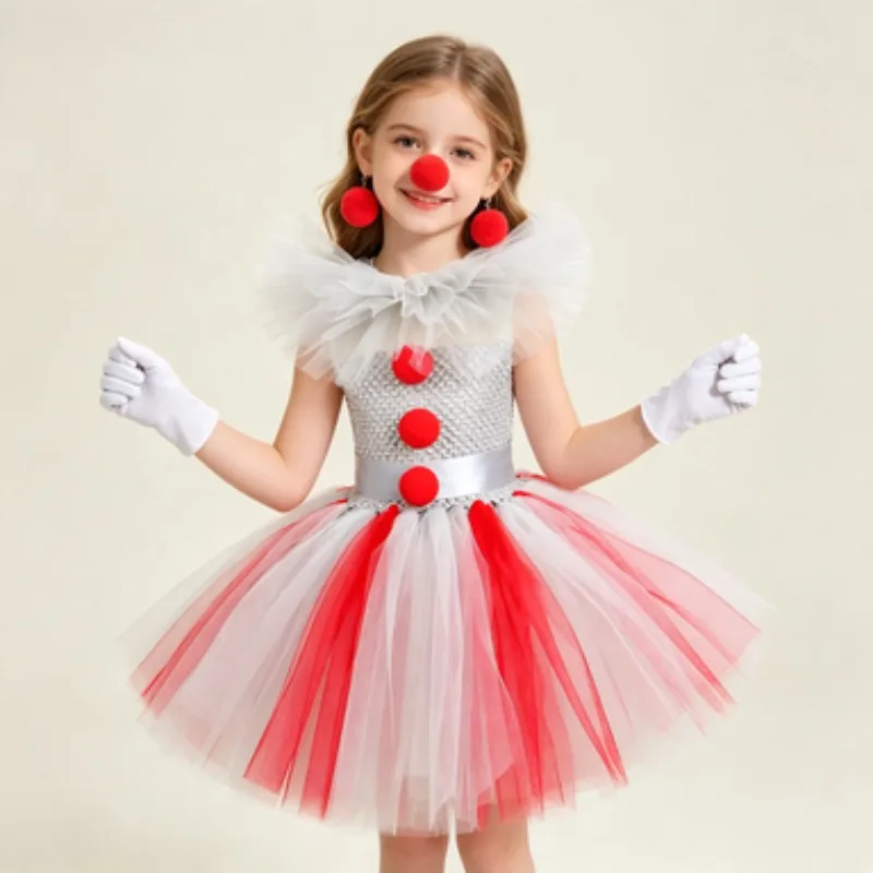

Kids Funny Circus Clown Performance Costume, Tulle Puffy Dress with Pom-pom Hair Hoop and Gloves, Halloween Stage Outfit