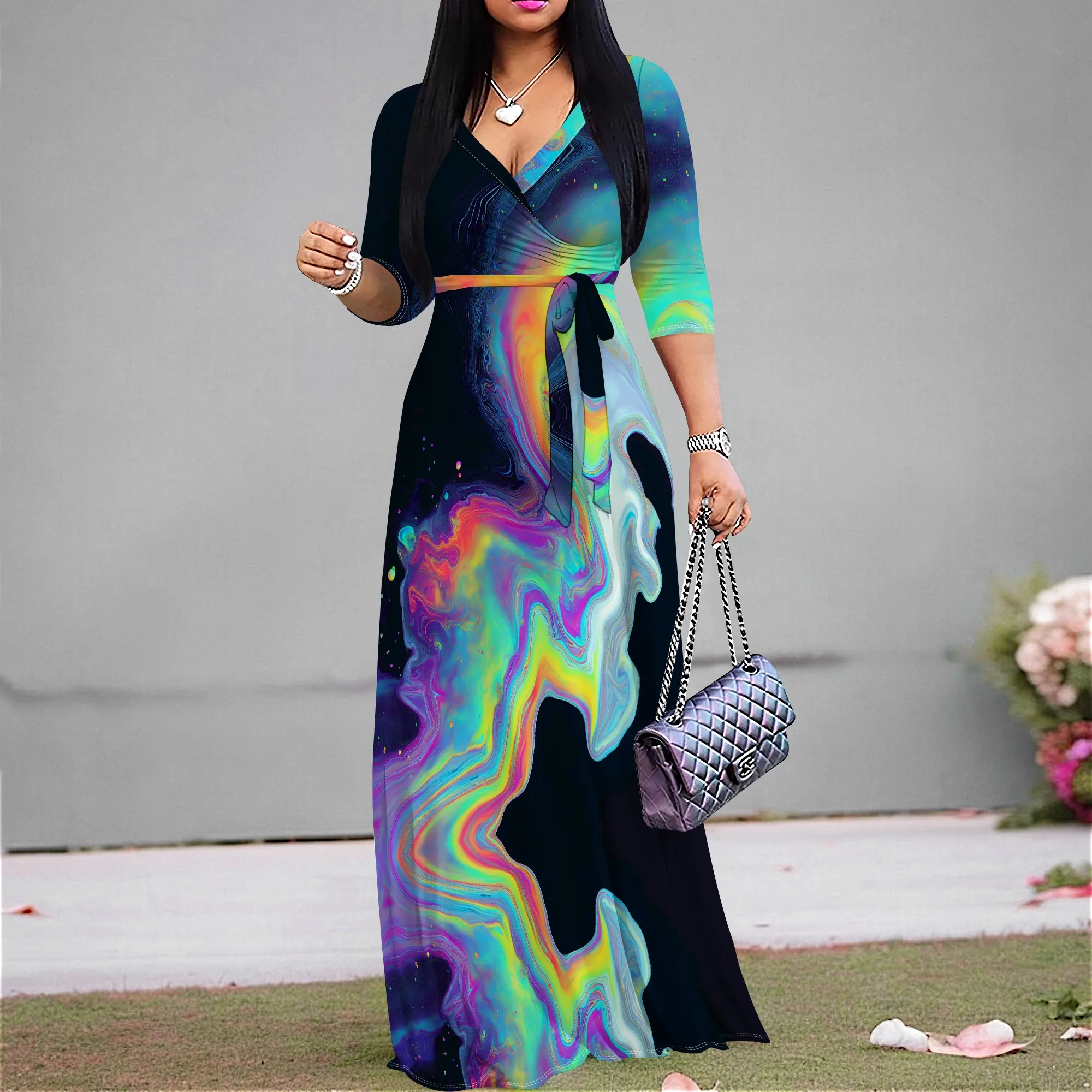 

Vibrant Galaxy Print Wrap Maxi Dress - S-3XL Sleeveless Tie Waist Dress for Festivals & Evening Events