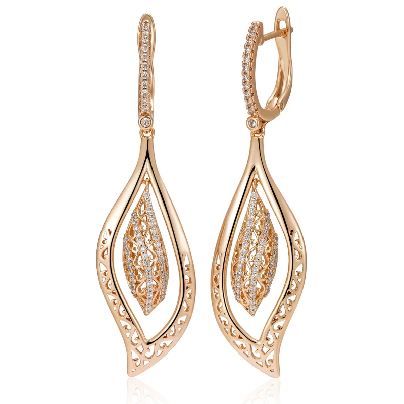 Kienl Hot 585 Rose Gold Color Natural Zircon Long Big Earring for Women Glossy Crystal Flower Ethnic Bride Daily Vintage Jewelry