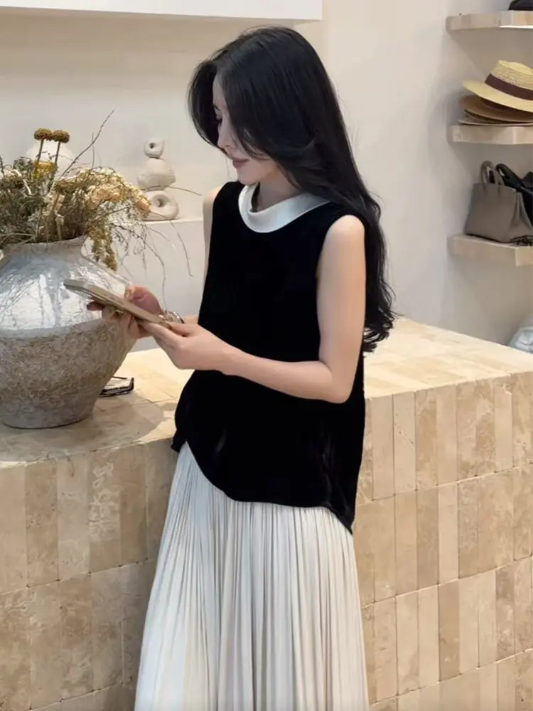 Korean Style Stand Collar Patchwork Velvet Sleeveless Vest Women's Summer New Loose Slimming Versatile Small Size Top