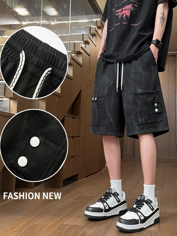 

Summer New Men's Casual Loose Student orts American High Street Sle Five-Quarter Pants Ethnic Wolf Brand Straight Leg Pants