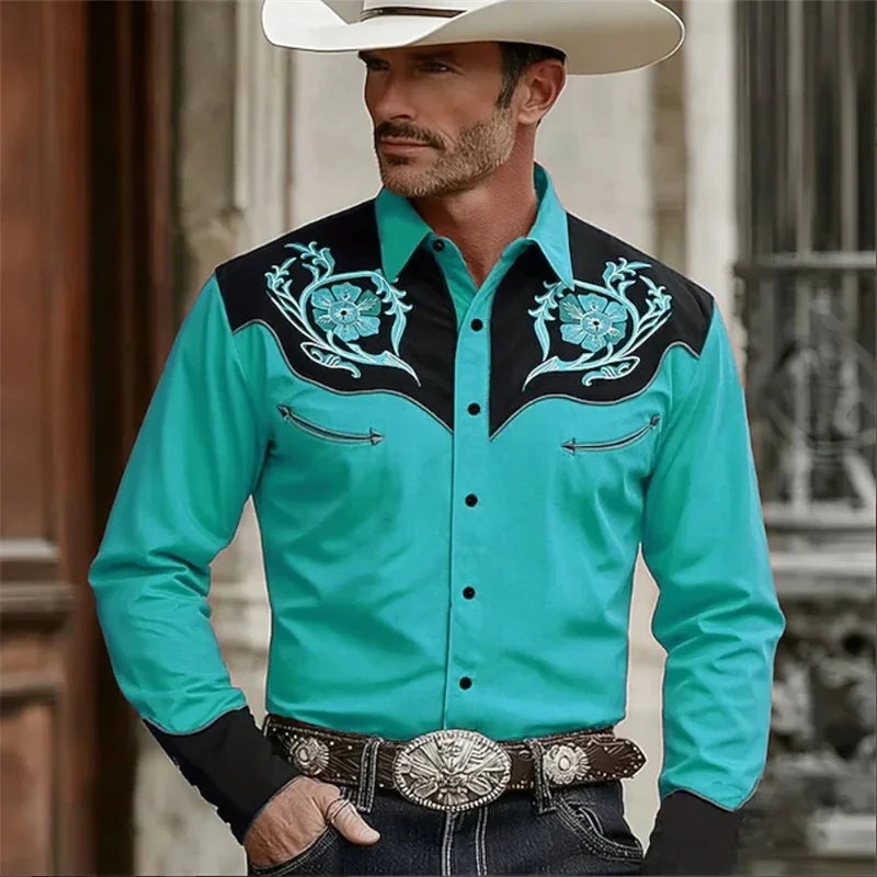 New vintage American-style 3D printed denim shirt for men, featuring a lapel, single-breasted design, and long sleeves
