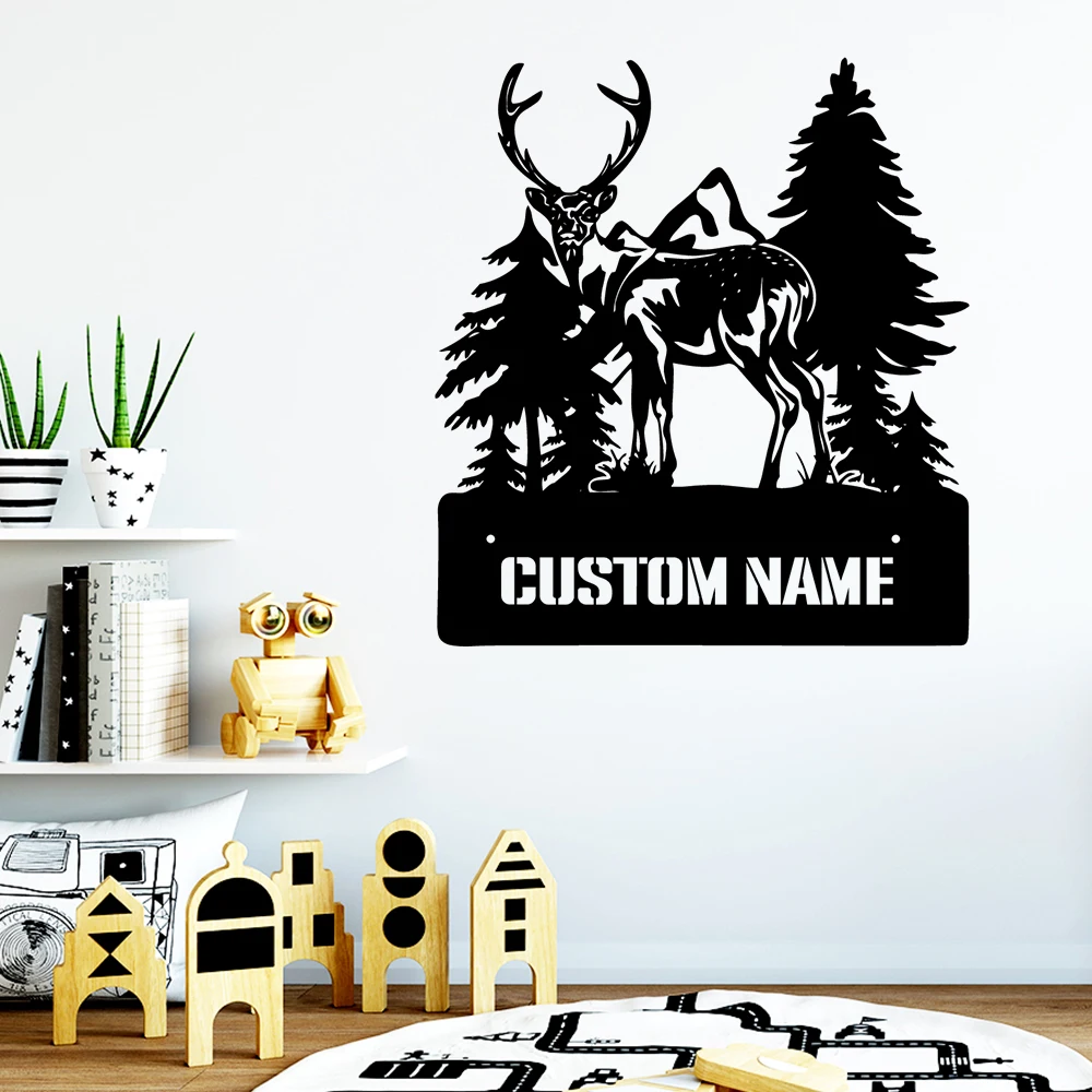 

1pc Cute sika deer roaming in the forest. Custom Text Iron Wall Signs Metal Plate Signs For Living Room Kids Room