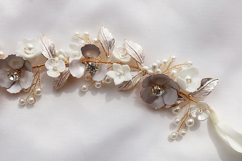 Wedding Hair Vine Gold Color Leaf Bridal Headband Tiara With Earrings Handmade Ceramic Floral Women Headpiece