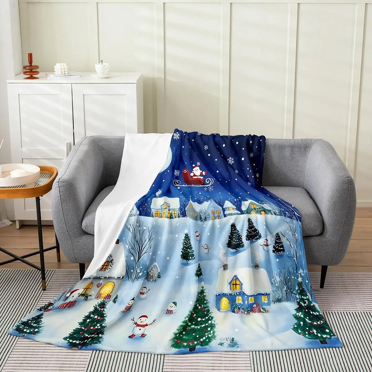 

Снежное деревня, одеяло, рождественское флисовое одеяло со снеговиком, Санта-Клаусом, декор комнаты, с Новым годом, одеяло для дивана, дивана, зима