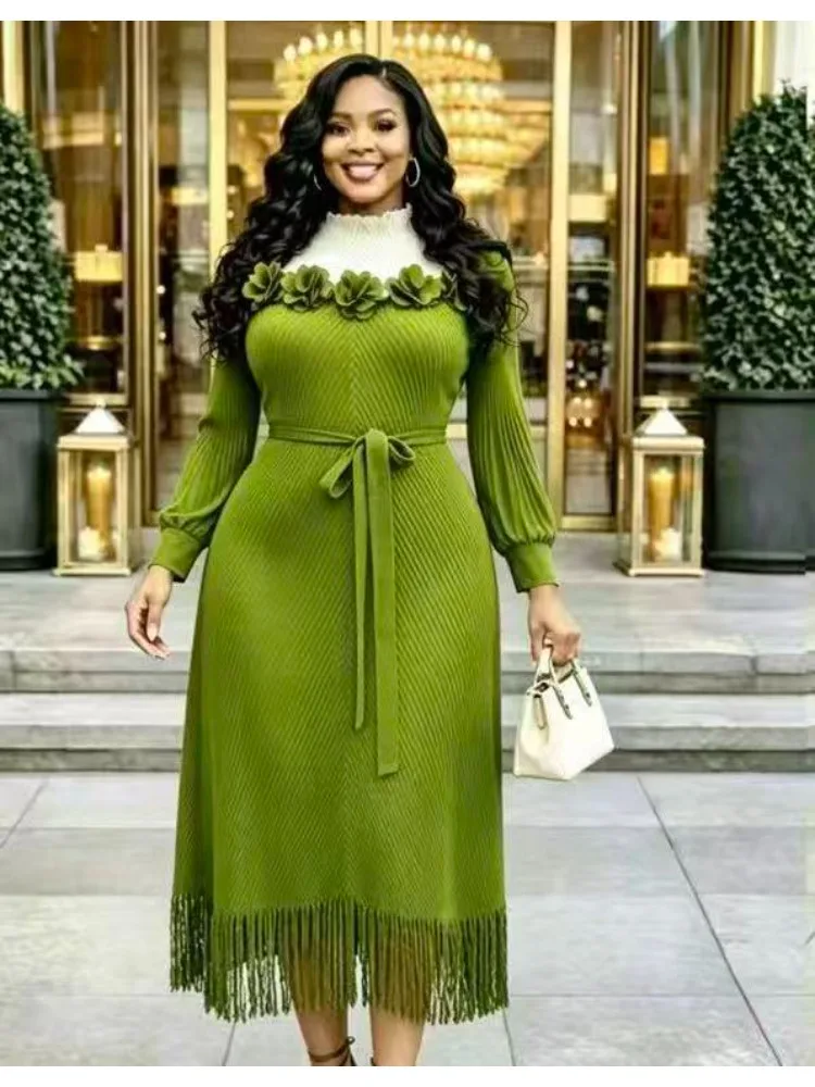 2026 Fashion Foreign Style Pleated Positioning Flower Color Matching Long Dress Summer Meat Cover Thin Age Reduction Long Dress