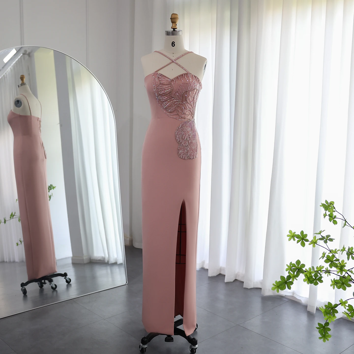 Sharon Said Crisscross Straps Pink Evening Dress Luxury Butterfly Beaded Slit Dubai Women Wedding Party Gowns SS476 Customized
