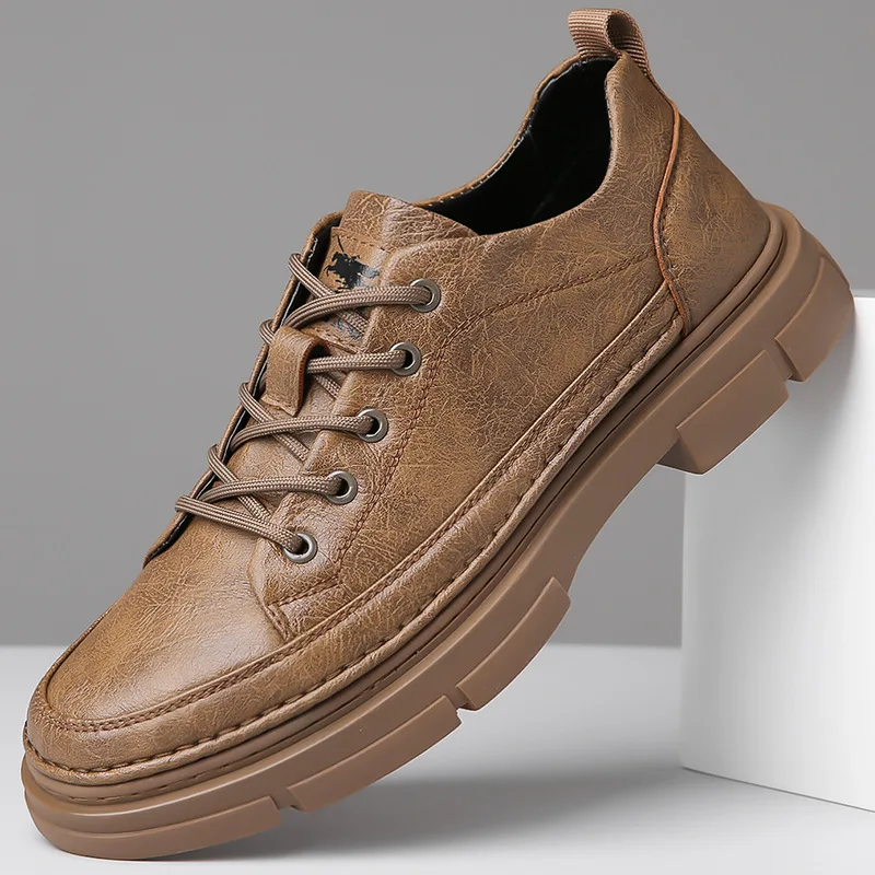 

2025 Новые дизайнерские повседневные кожаные туфли для мужчин, однотонные туфли на шнуровке на платформе, мужские весенне-осенние низкие модные рабочие туфли для мужчин