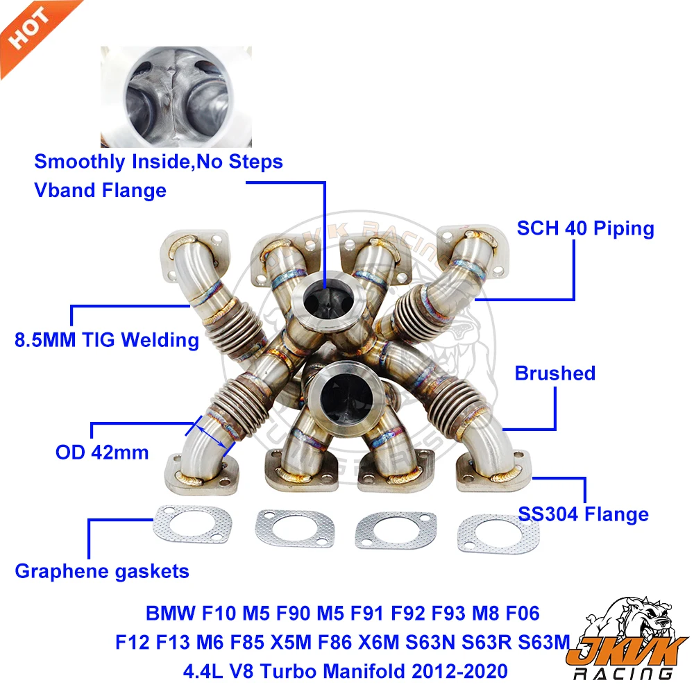 

JKVK RACING 42mm OD equal length 3.0mm Turbo Manifold For BMW F10/F90 M5 F91/F92/F93 M8 F06/F12/F13 M6 F85 X5M F86 X6M S63N/R/M