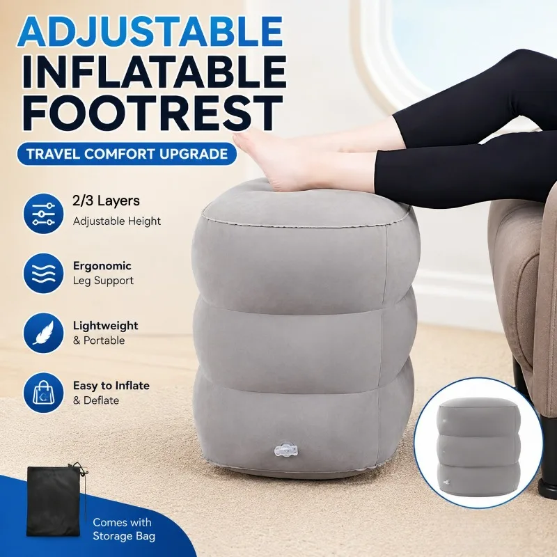 Inflatable Airplane Foot Rest Travel Footrest Pillow 2/3-Layer Folding Leg Rest Cushion Portable Foot Support for Long Flight