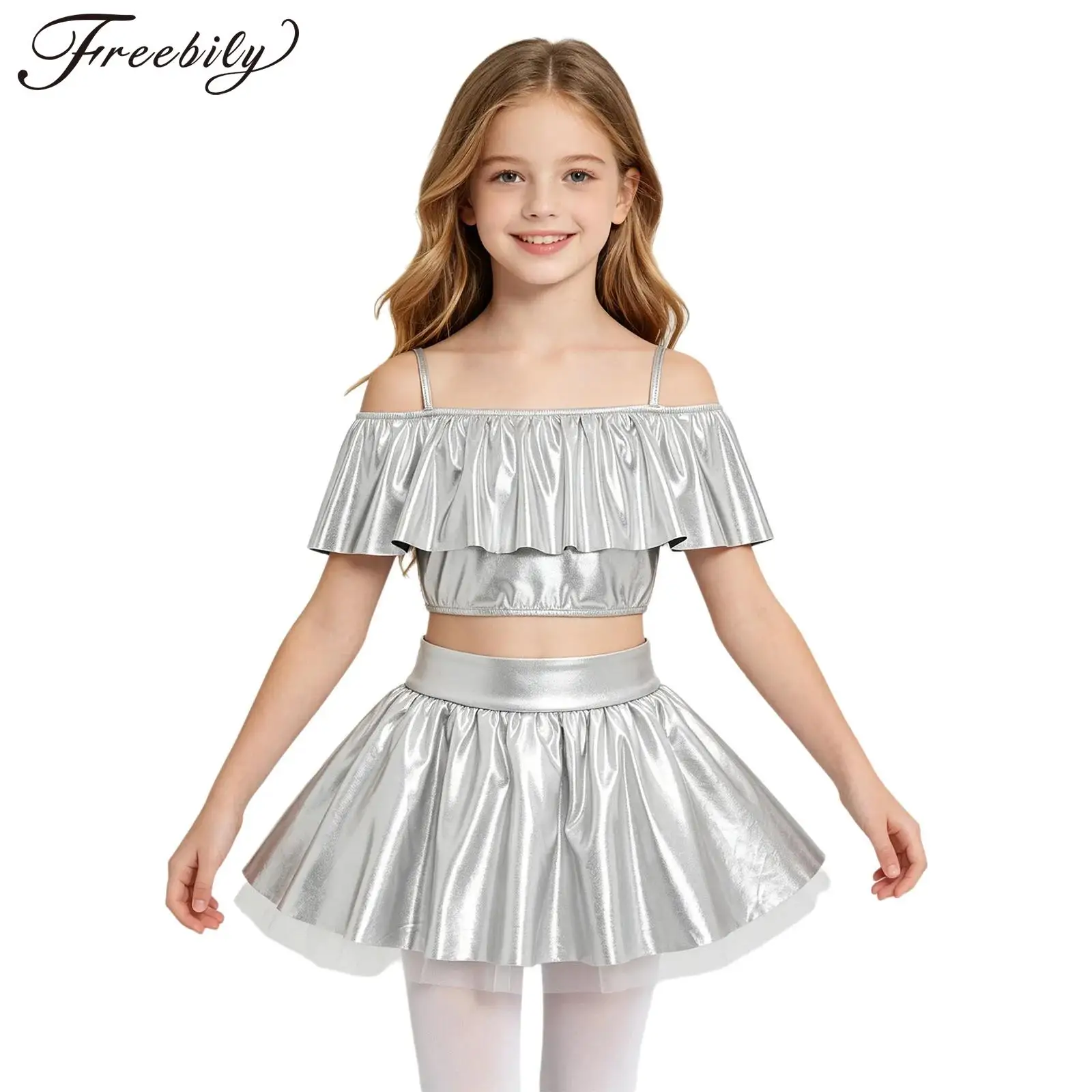 Children Girls Hip Hop Jazz Street Dance Cheerleading Outfits Off Shoulder Spaghetti Straps Metallic Ruffles Crop Top with Skirt