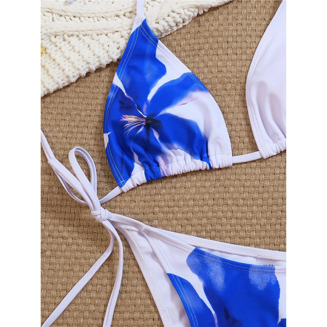 Mit Sarong-Blumenmuster, Neckholder-Bikini, Damen-Badeanzug, dreiteiliges Bikini-Set, Badebekleidung, Badeanzug, Schwimmanzug V8023 – Detail 10