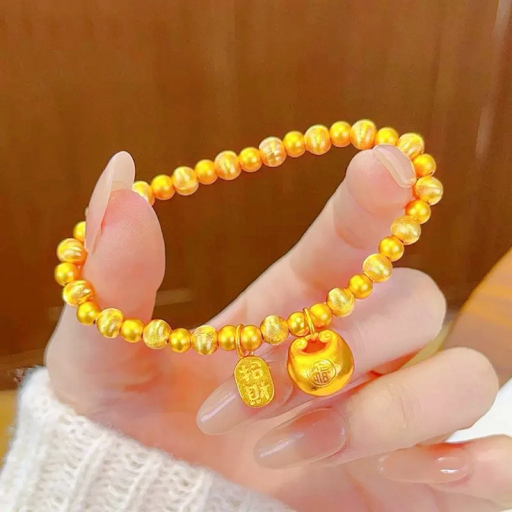 

24K Gold AU999 Brushed Matte Women's Bracelet - Cat's Eye Chubby Fortune Lucky Style, Girlfriend Gift Luxury High-End