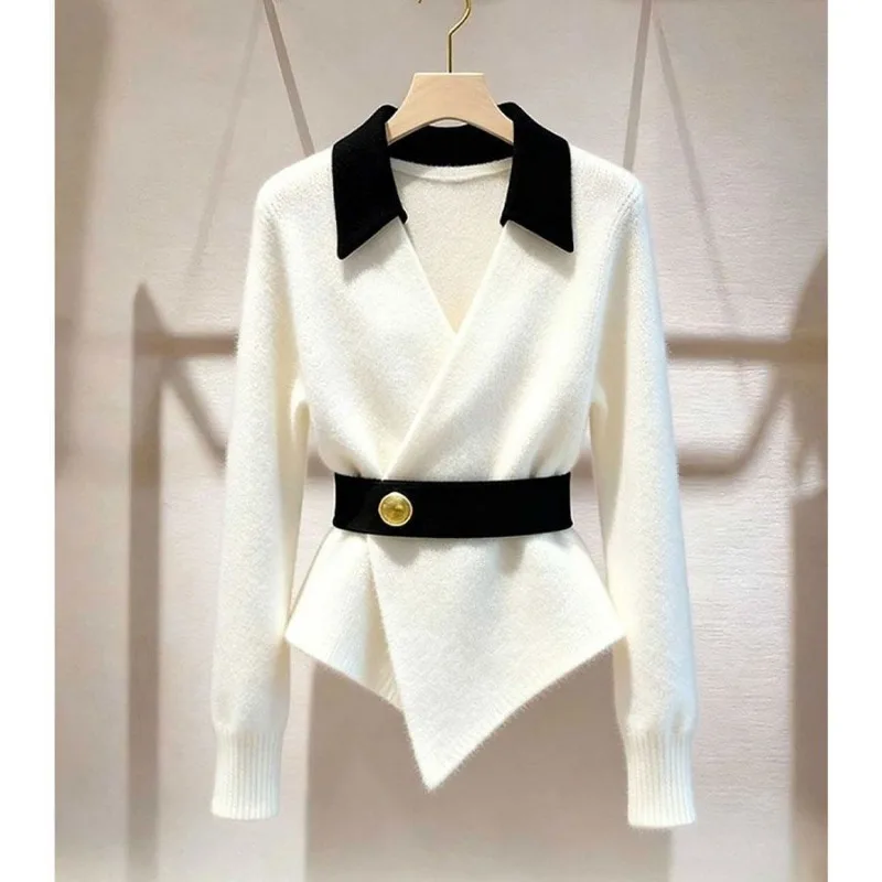 Splicing Knitted Top Light Luxury in Winter Unique Sense of High-end Super Good-looking Splicing Collar Waist Sweater Women's